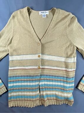 Vintage Judith Hart Tan Striped V-Neck Button Cardigan size S